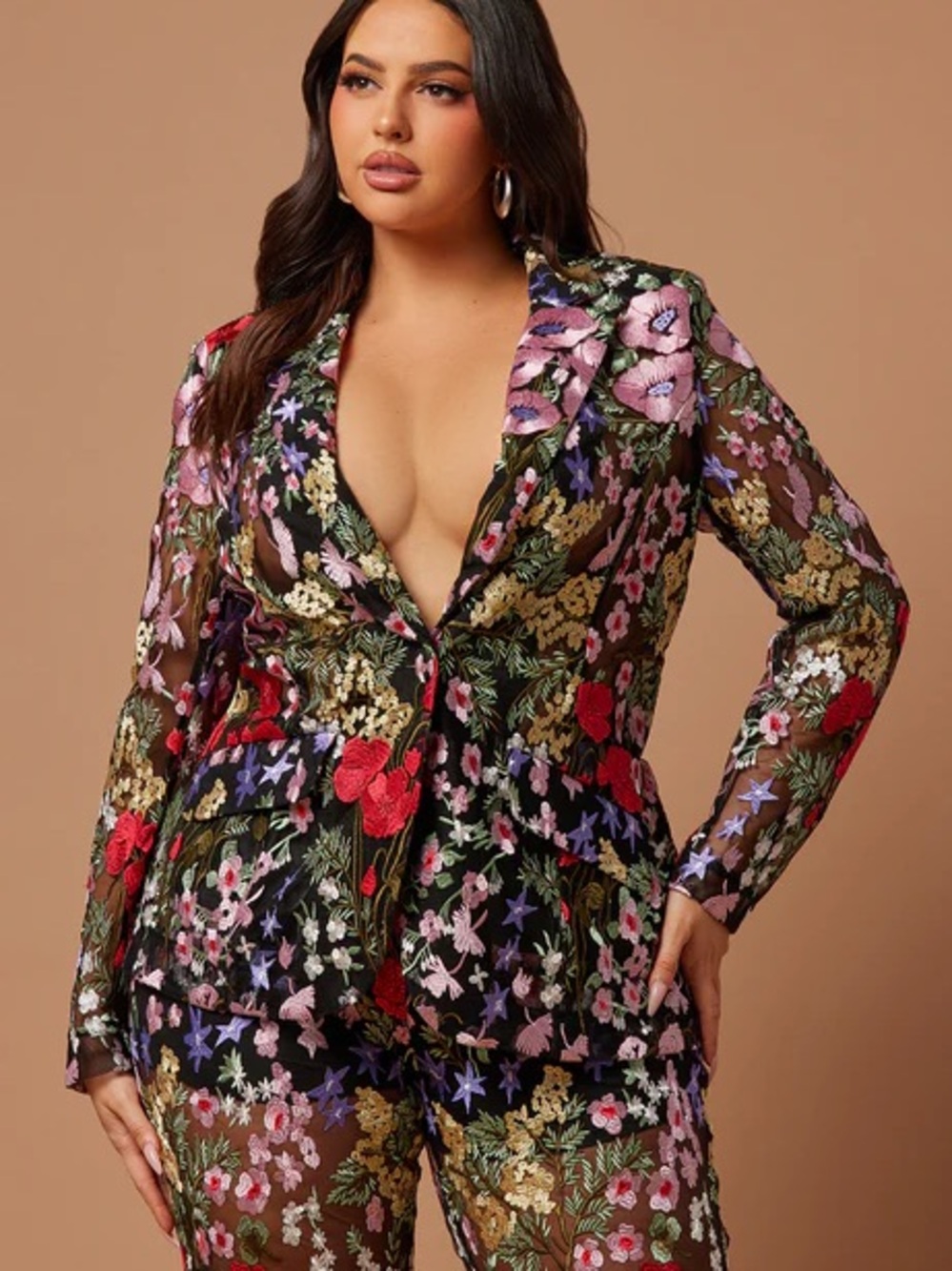 Fashion Nova Black Sheer Floral Embroidered Blazer